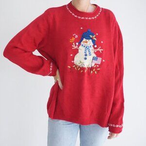 CJ Banks Red Embroidered Snowman Ugly Christmas Holiday Knit Sweater 1X